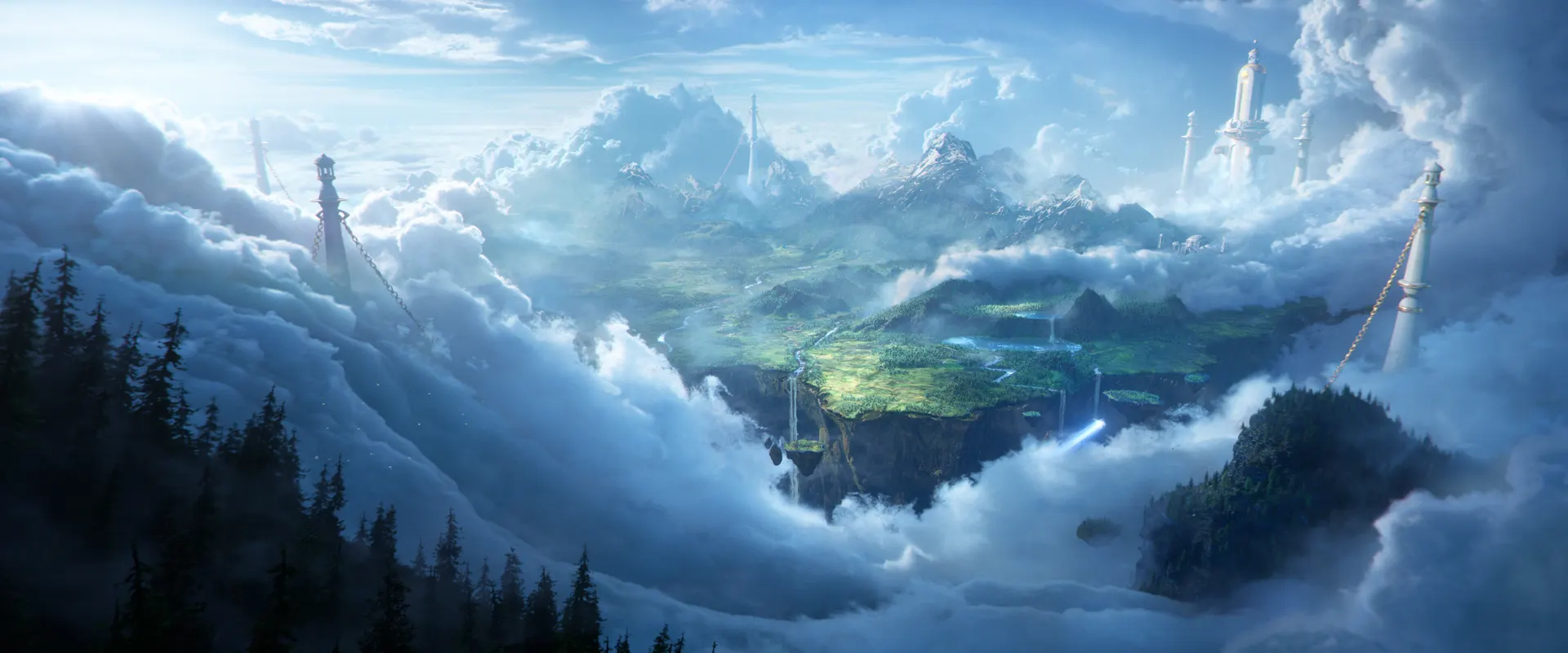 Floating green islands with waterfalls above a sea of clouds, from the WoW Forever launch cinematic