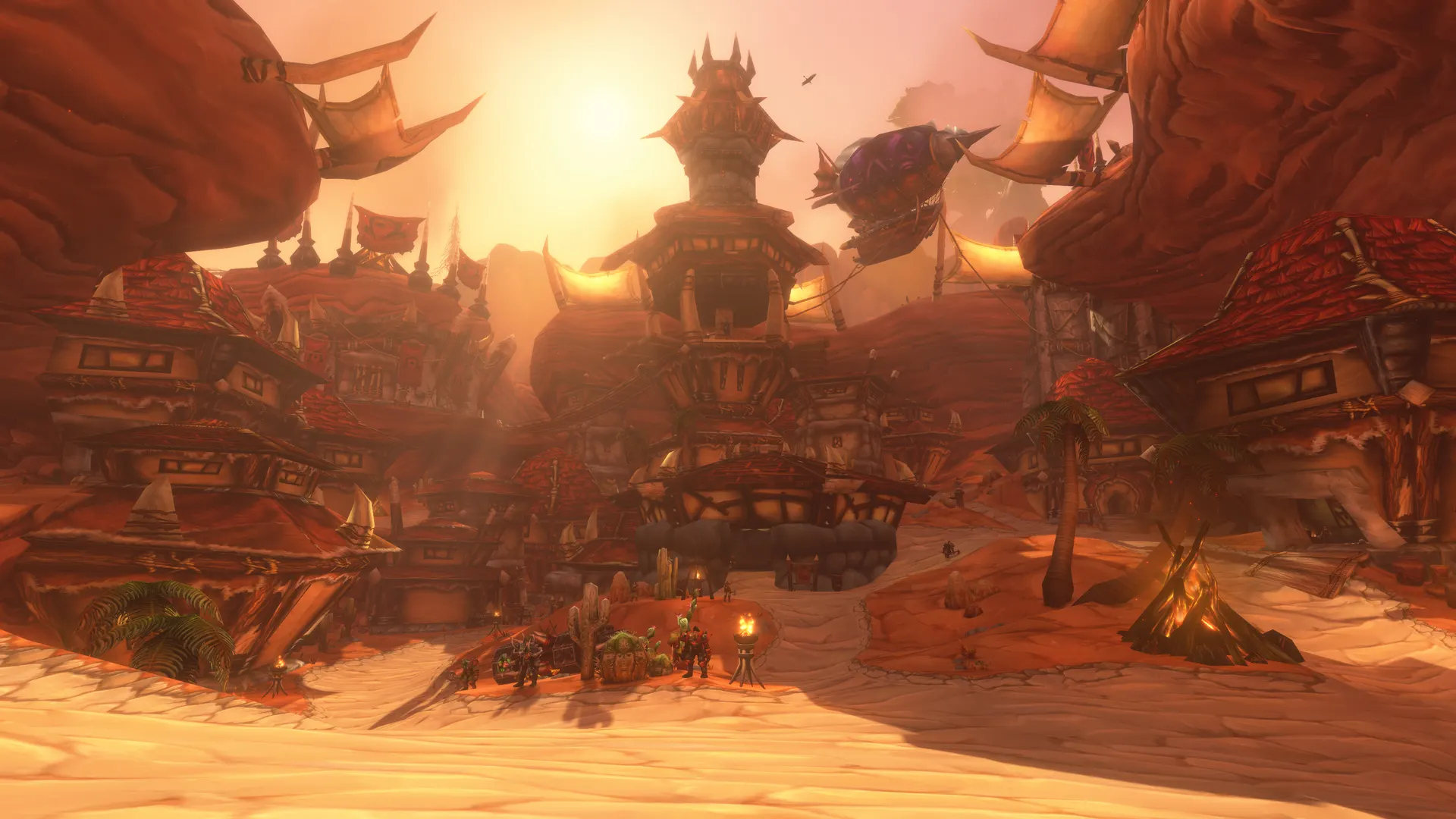 Orgrimmar at sunset with a zeppelin overhead, showing WoW Forever's new lighting